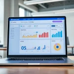 Showcase of a Facebook SMM panel on a laptop, highlighting statistics and engagement metrics.