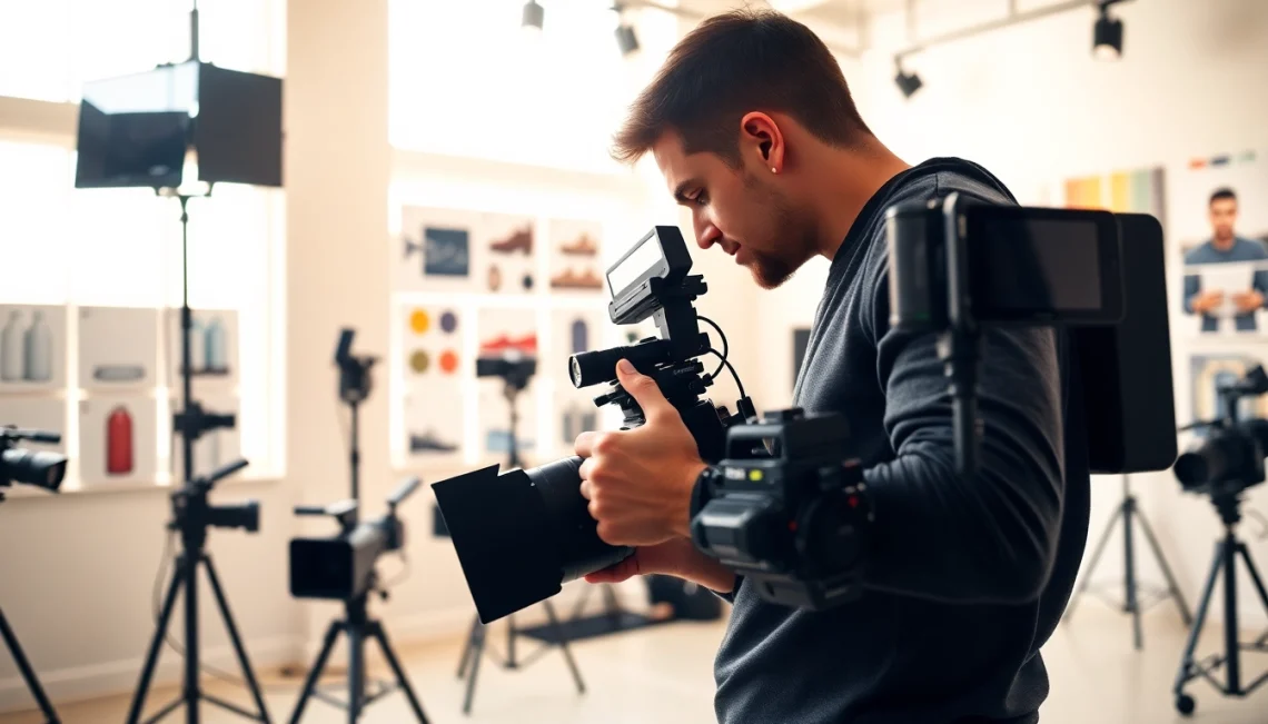 Fotografo Commerciale che lavora in uno studio moderno, con luce naturale e attrezzatura professionale.
