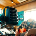 Recording with the MV88 microphone in a bright music studio to capture high-quality sound.