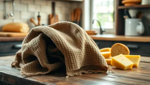 Kaasdoek elegant displayed next to artisanal cheese and bread, emphasizing culinary charm.