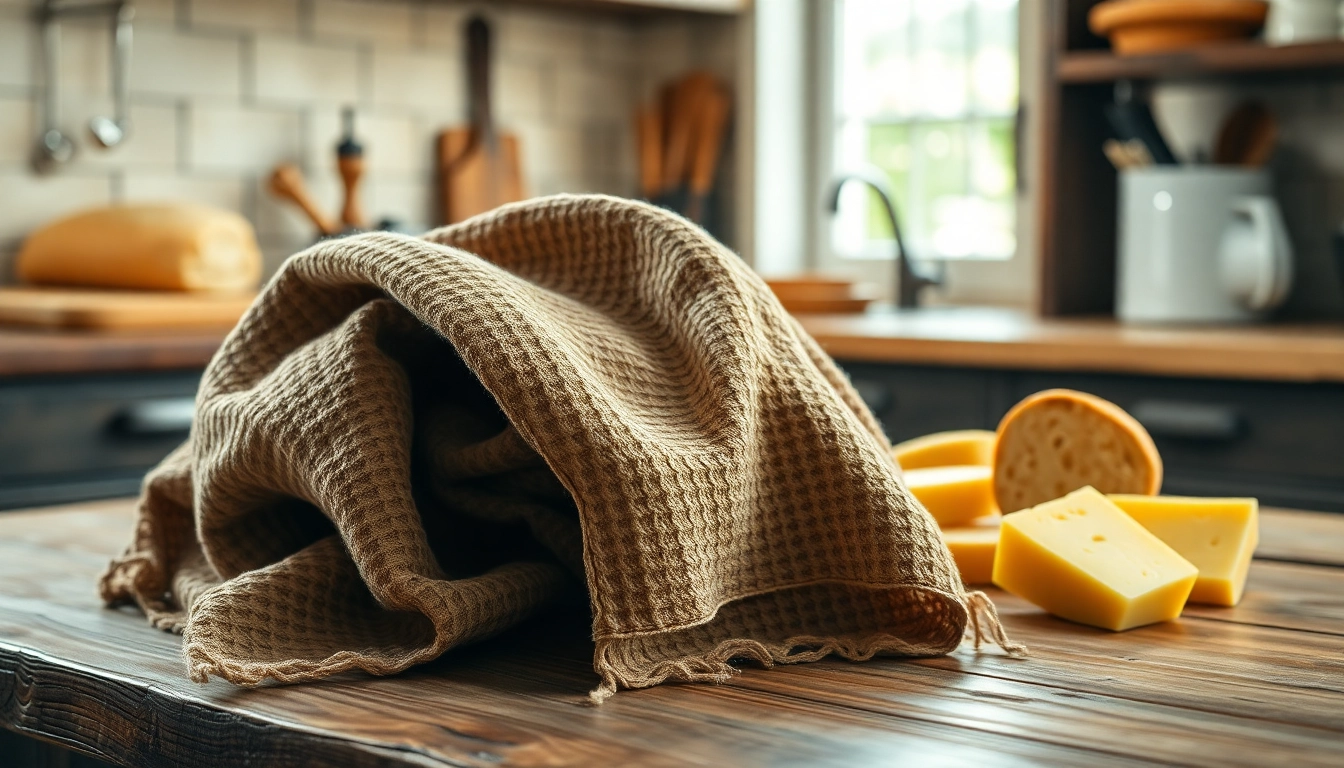 Kaasdoek elegant displayed next to artisanal cheese and bread, emphasizing culinary charm.