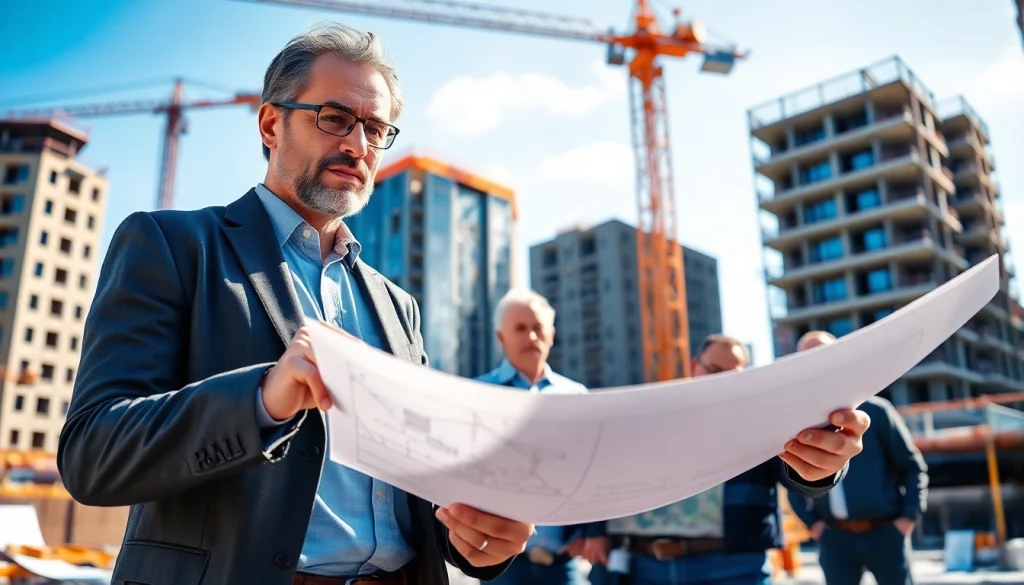 Manhattan Construction Manager reviewing blueprints on a construction site.