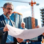 Manhattan Construction Manager reviewing blueprints on a construction site.