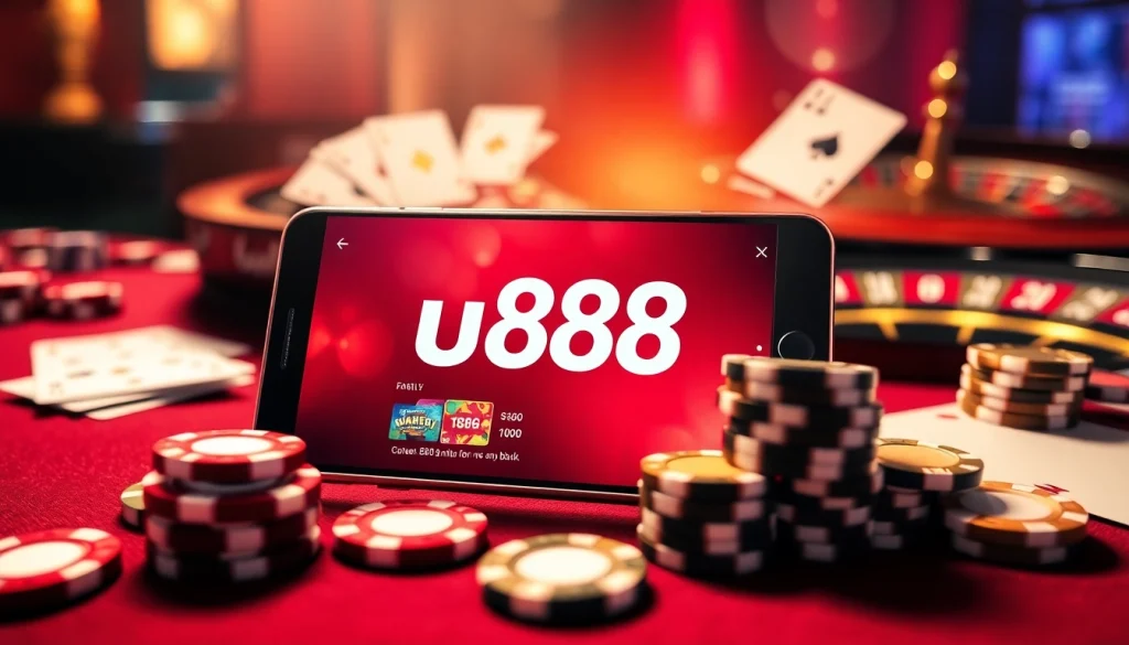Players engaging with u888 app surrounded by casino chips and cards.