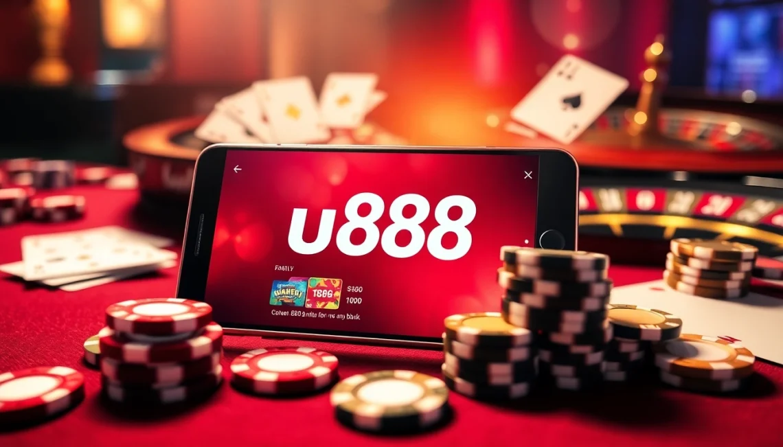 Players engaging with u888 app surrounded by casino chips and cards.