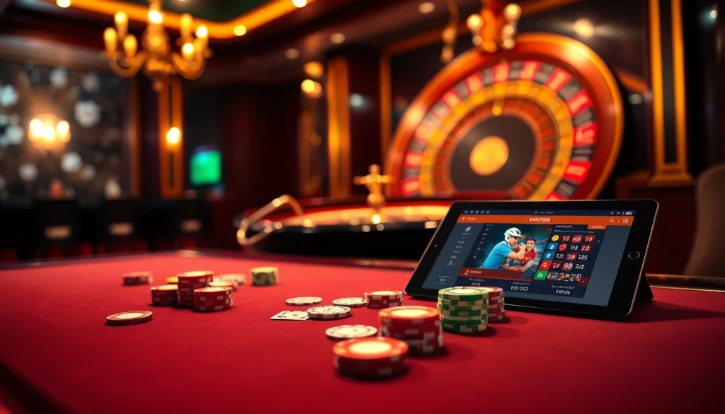 Experience the thrill of vn168 đăng nhập with a dynamic casino scene featuring poker and roulette excitement.