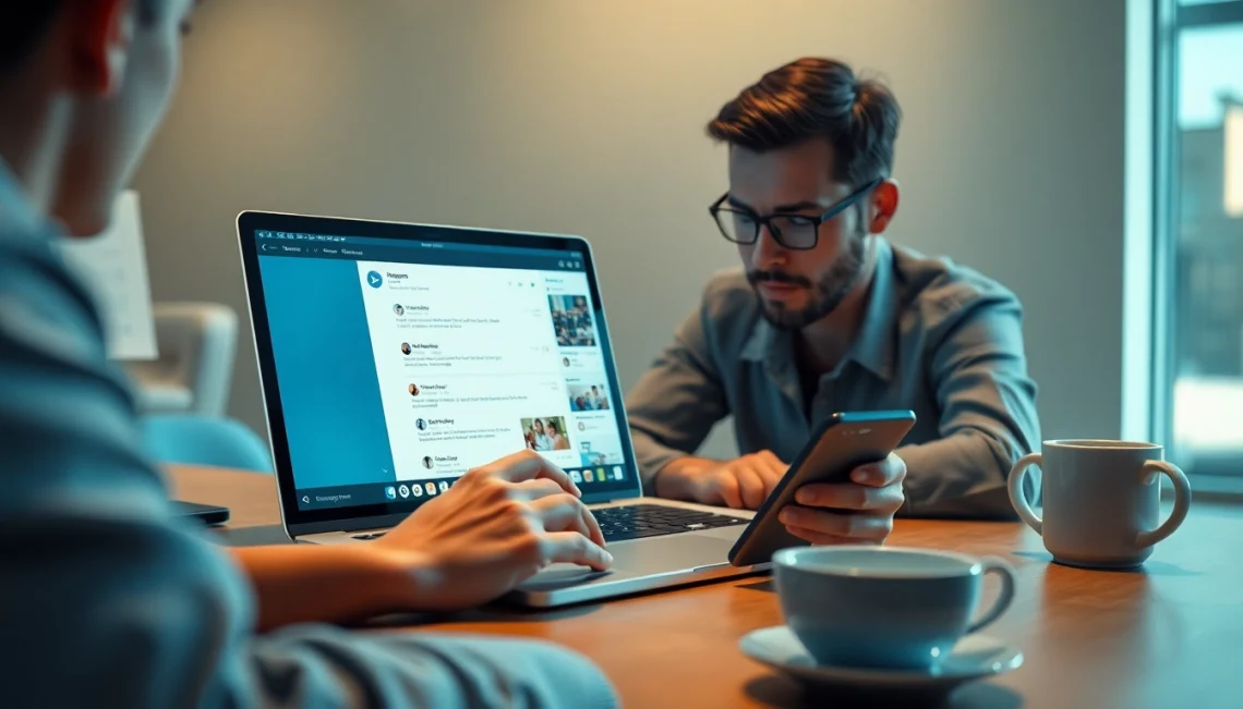Efficient use of Telegram电脑版 on a laptop in a modern workspace.