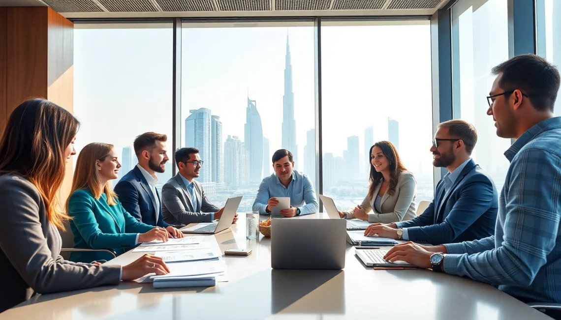 Engaged business consultants in Dubai collaborating effectively in a modern office space.