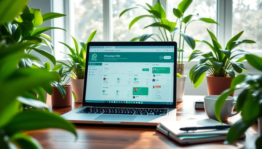 Showcase WhatsApp Business CRM dashboard in a professional workspace with modern elements.