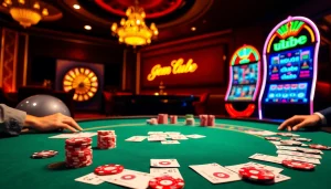 Experience thrill at gem uu88 poker table with vibrant chips and illuminated slots.