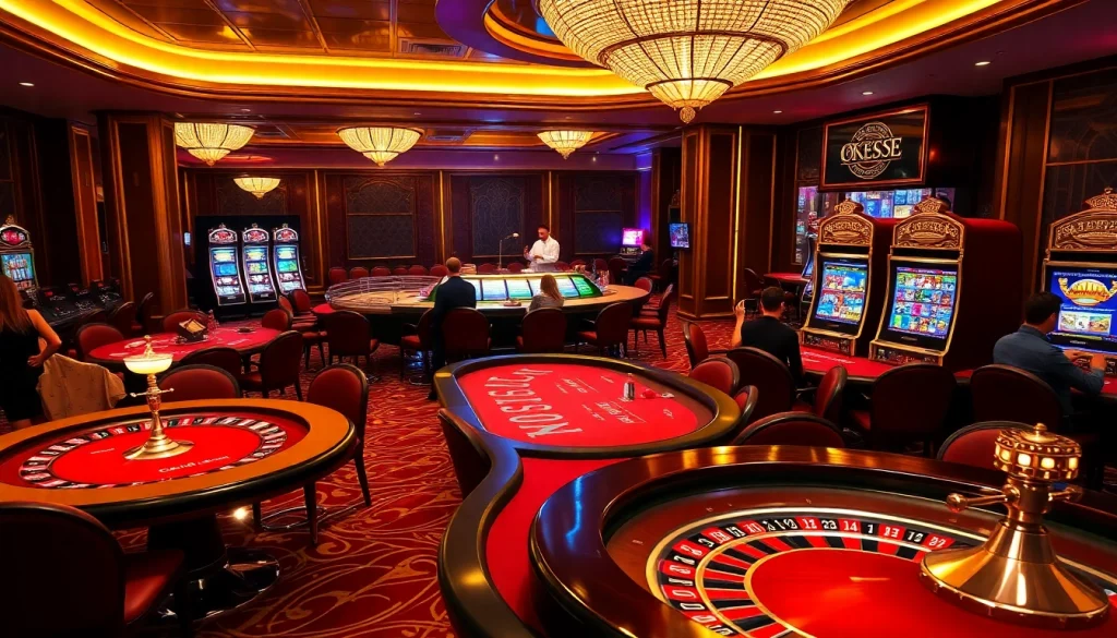 Players enjoying blackjack and poker at OK365LV.COM's luxurious casino environment.