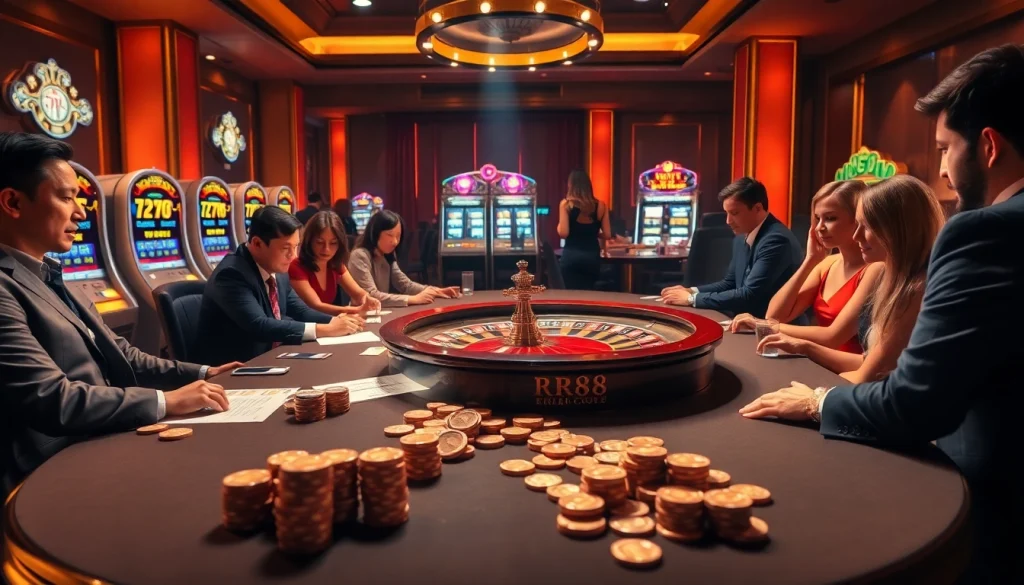 Engaging players at a luxurious casino table featuring rr88 com elements and vibrant games.