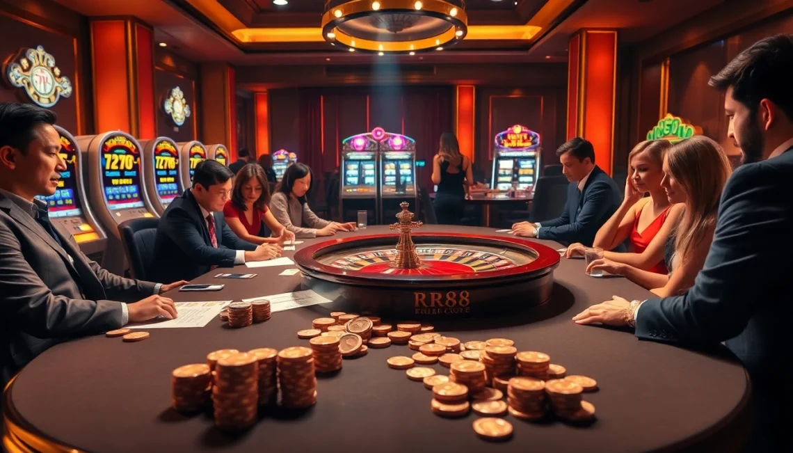 Engaging players at a luxurious casino table featuring rr88 com elements and vibrant games.