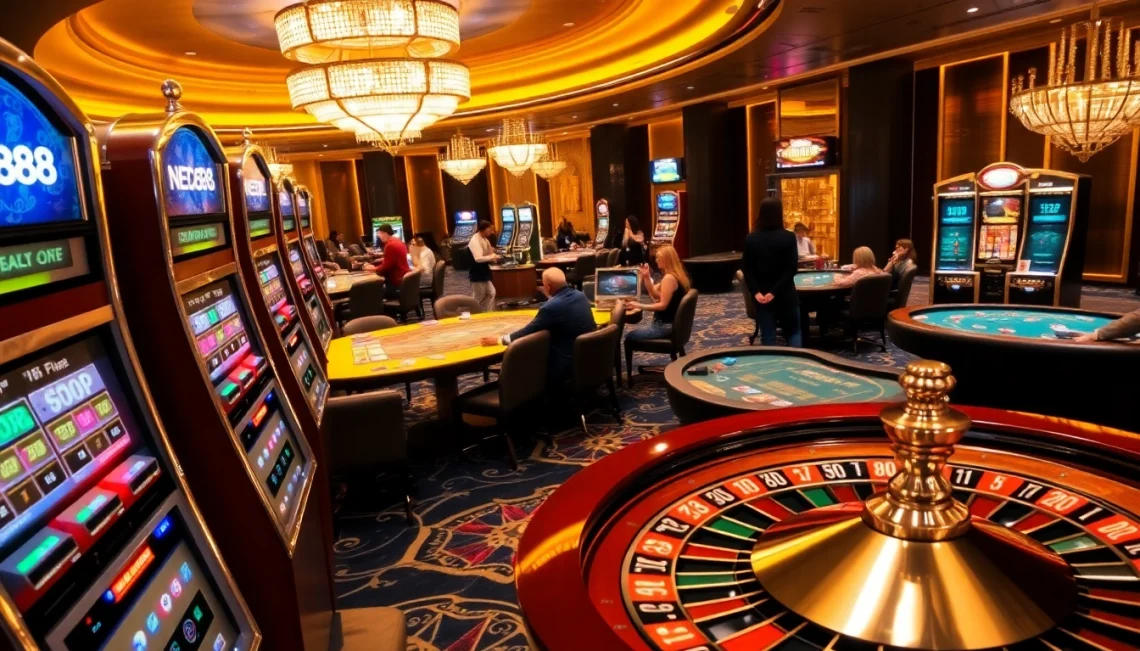Players engaging with thrilling casino games at NEW88, showcasing luxury and excitement.