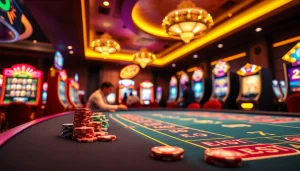 Engaging scene of online casino Canada with players at a vibrant gaming table showcasing excitement.