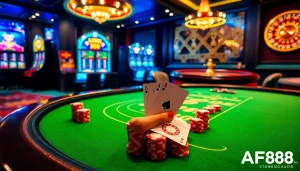 A player wins big at AF88 with vibrant casino chips on a poker table, illuminated by inviting lights.