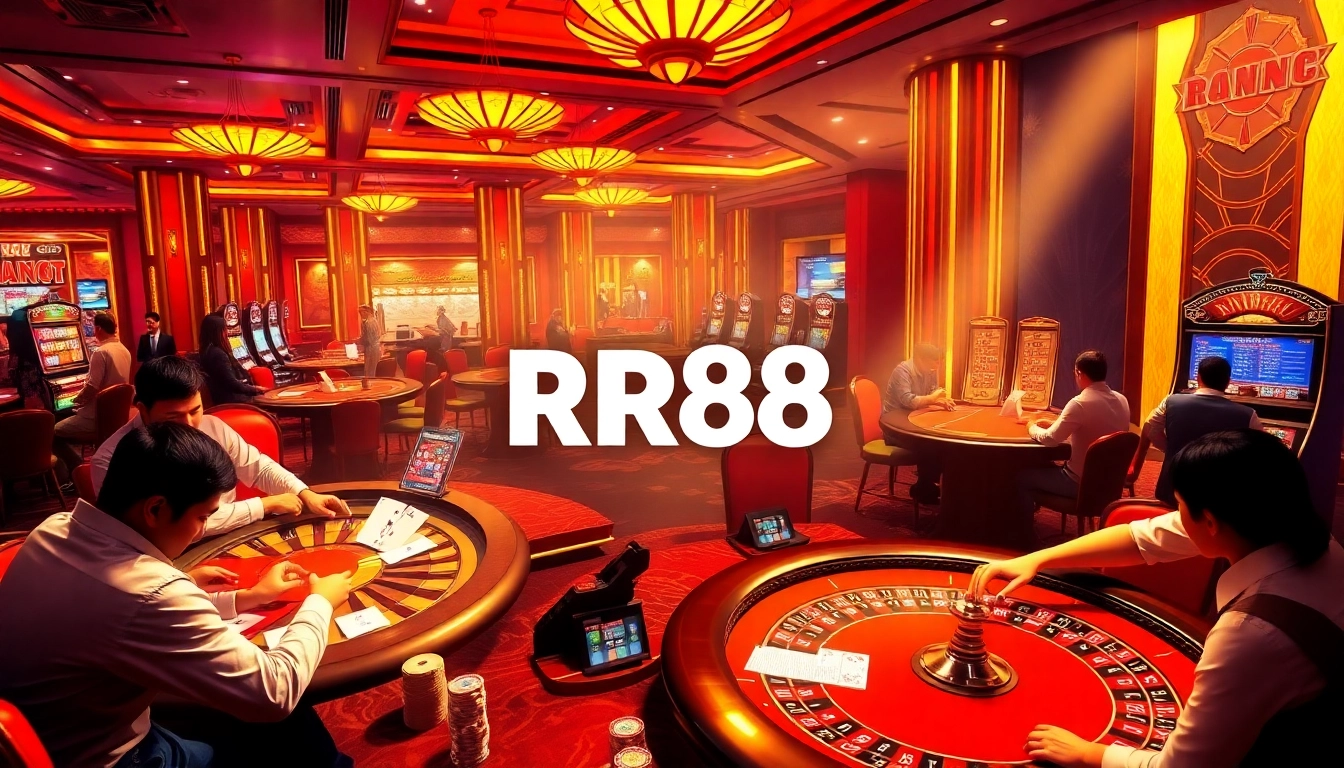 Experience the luxury of RR88 with players engaged in exciting casino games and vibrant betting activity.
