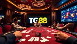 High-energy casino scene featuring the TG88 gambling experience, vibrant tables, and engaged players.