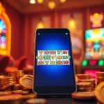 Mainkan slot pulsa 5000 dengan antarmuka smartphone modern dan simbol mesin slot yang berwarna-warni.