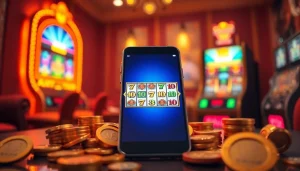 Mainkan slot pulsa 5000 dengan antarmuka smartphone modern dan simbol mesin slot yang berwarna-warni.