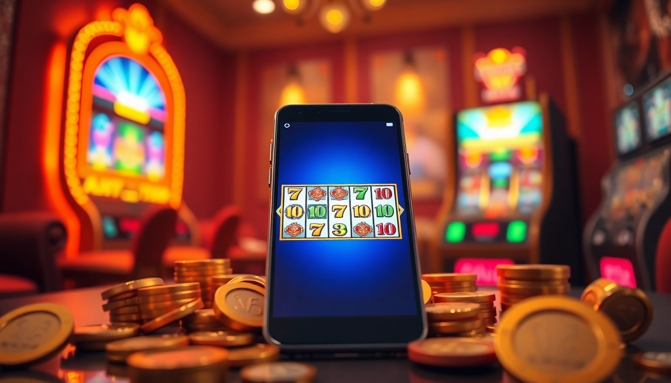 Mainkan slot pulsa 5000 dengan antarmuka smartphone modern dan simbol mesin slot yang berwarna-warni.