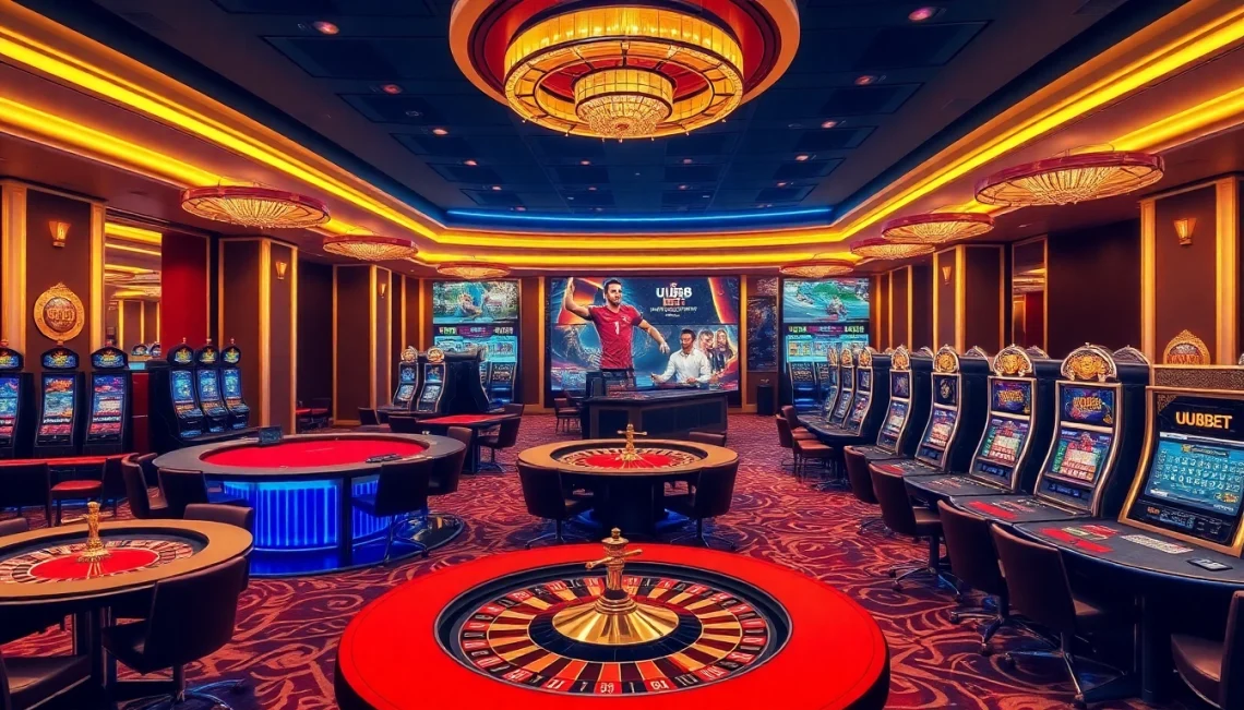 Win big with uu88 bet at a vibrant online casino featuring poker and roulette tables.