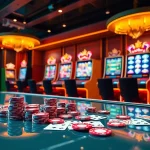 Adegan perjudian online yang menakjubkan menyoroti Dewanaga89 dengan mesin slot berwarna-warni dan chip poker.