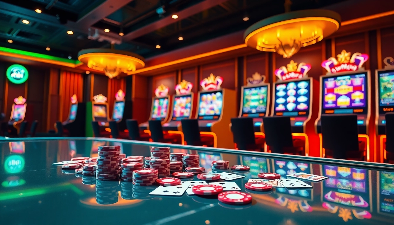 Adegan perjudian online yang menakjubkan menyoroti Dewanaga89 dengan mesin slot berwarna-warni dan chip poker.