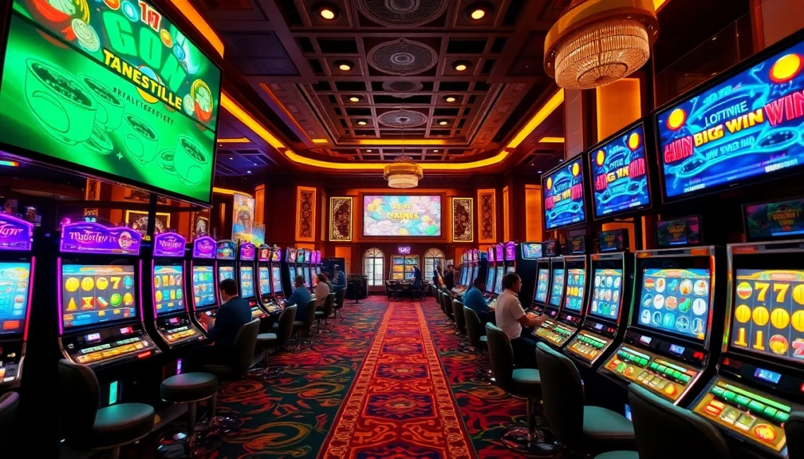 Playing exciting slot server kamboja machines with vibrant neon lights in a luxurious casino atmosphere