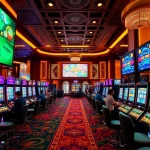 Playing exciting slot server kamboja machines with vibrant neon lights in a luxurious casino atmosphere