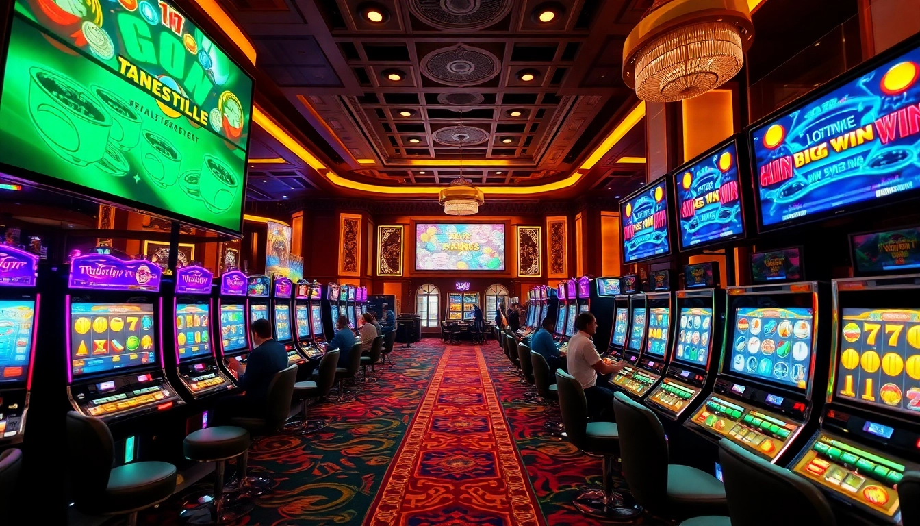 Playing exciting slot server kamboja machines with vibrant neon lights in a luxurious casino atmosphere
