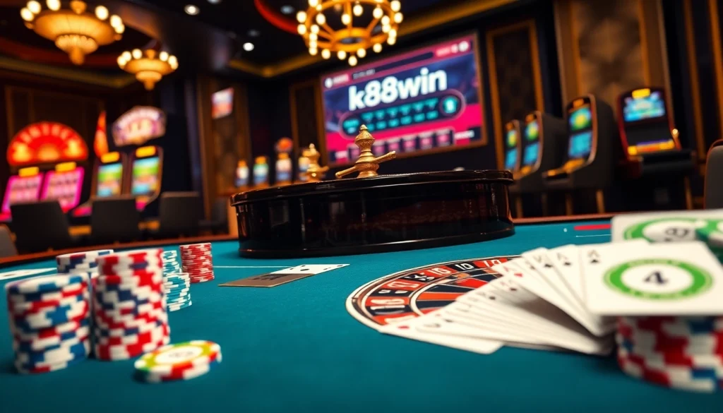 K88win offers an exciting casino experience with vibrant slot machines, poker chips, and roulette.