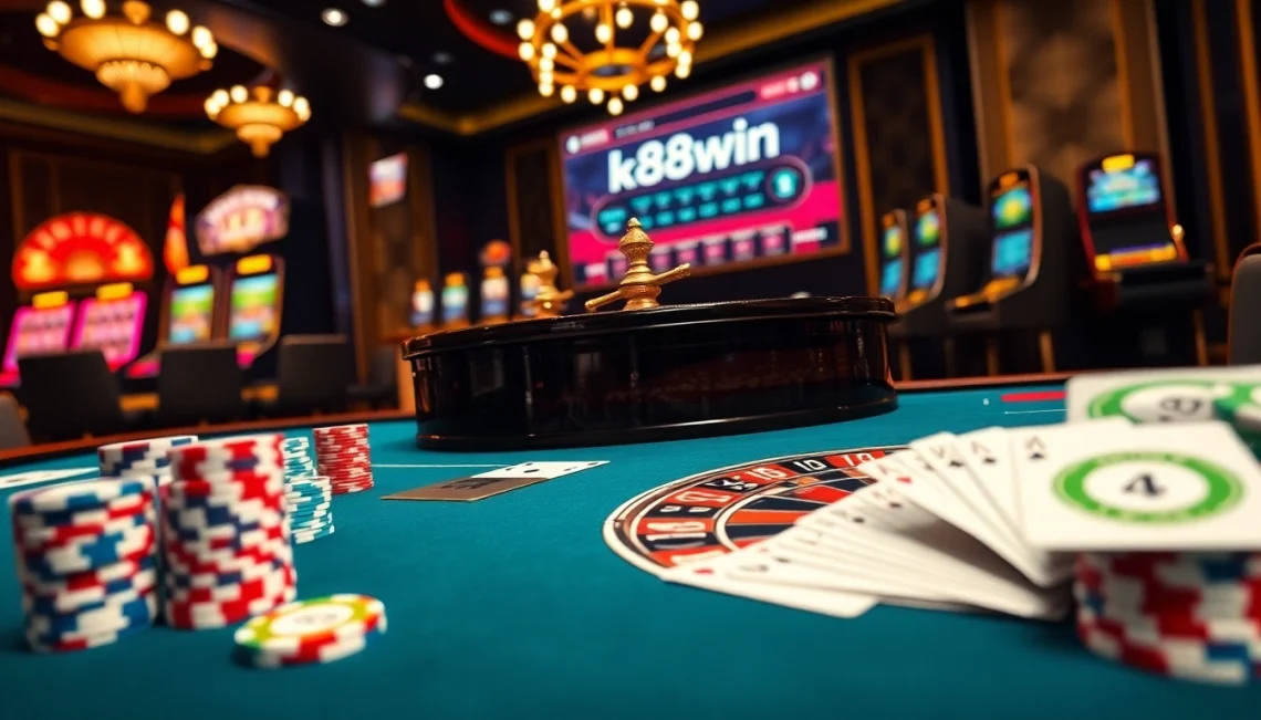 K88win offers an exciting casino experience with vibrant slot machines, poker chips, and roulette.