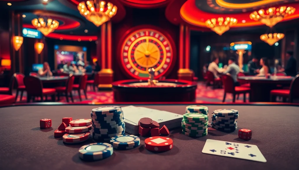 Engaging scene of a 'nhà cái uy tín' casino, featuring poker tables, colorful chips, and a spinning roulette wheel.