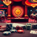 Engaging scene of a 'nhà cái uy tín' casino, featuring poker tables, colorful chips, and a spinning roulette wheel.