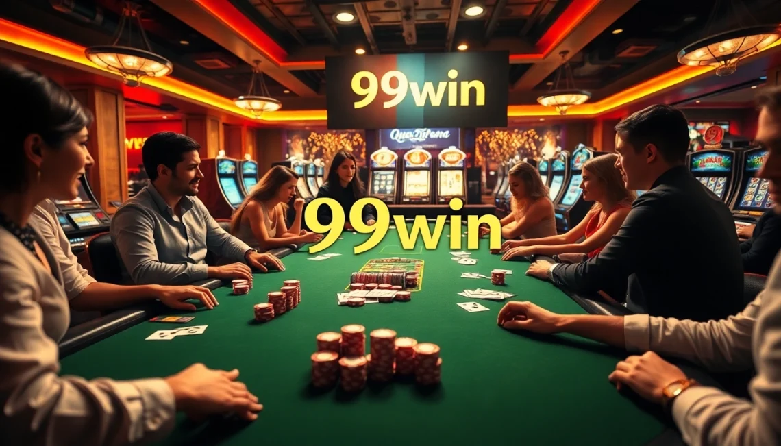 Experience the excitement of 99win as players engage in thrilling casino games, surrounded by luxurious elements.