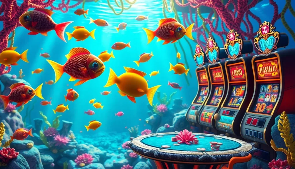 Bắn cá đổi thưởng experience with vibrant 3D fish among coral reef-themed casino tables and slot machines.