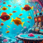 Bắn cá đổi thưởng experience with vibrant 3D fish among coral reef-themed casino tables and slot machines.
