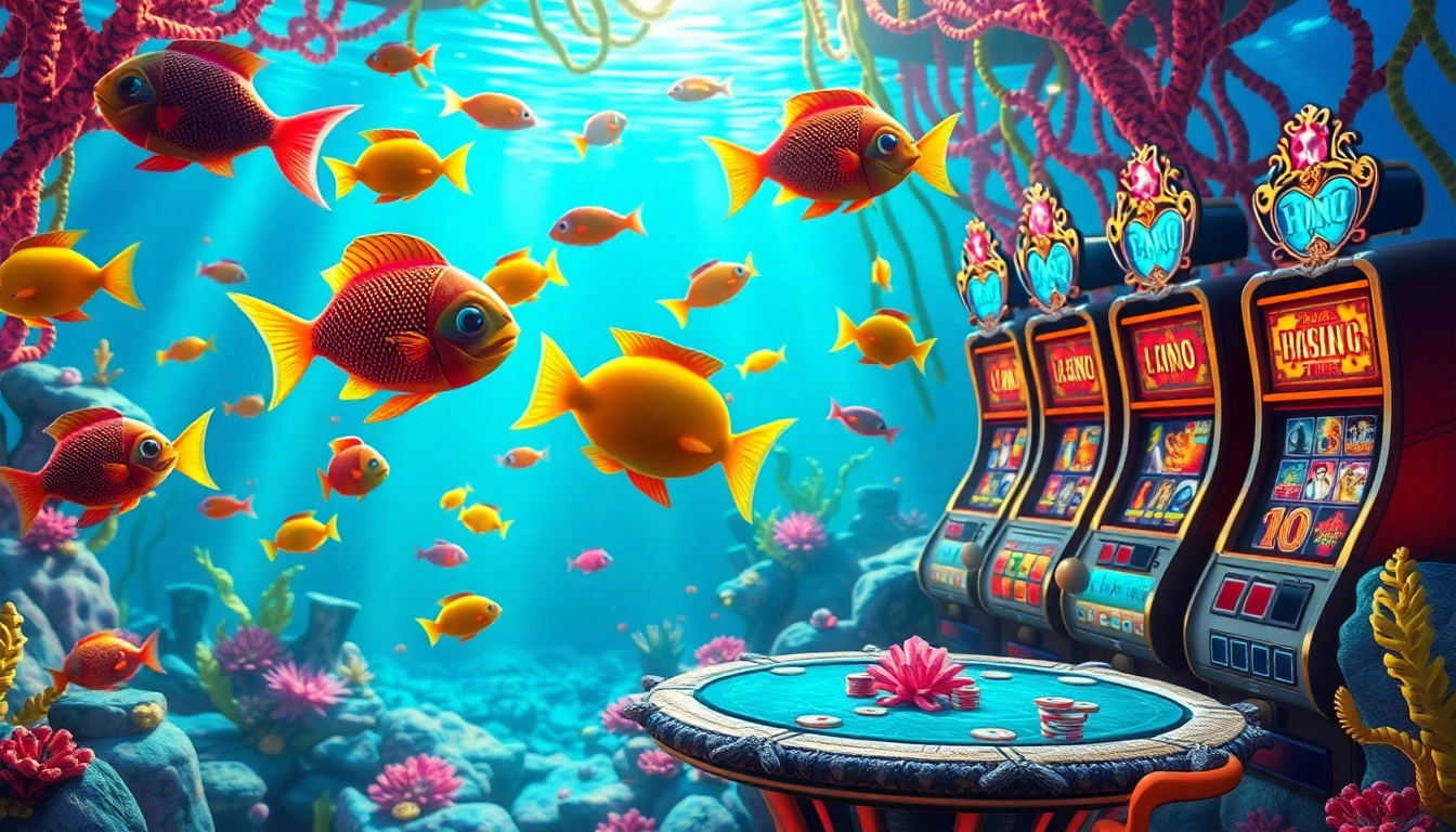 Bắn cá đổi thưởng experience with vibrant 3D fish among coral reef-themed casino tables and slot machines.
