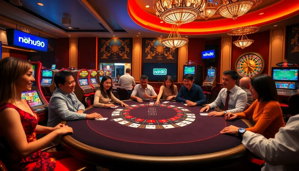 Nohu90 players enjoying thrilling blackjack action in a luxurious casino.