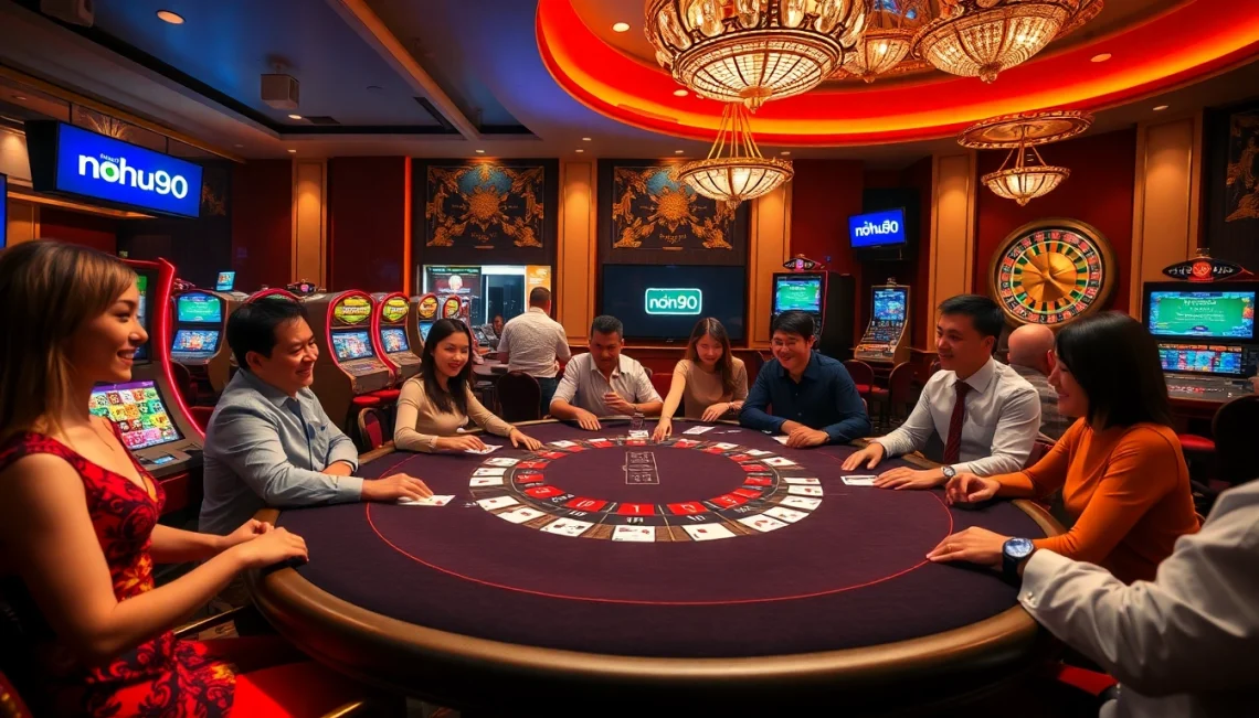 Nohu90 players enjoying thrilling blackjack action in a luxurious casino.