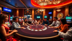 Nohu90 players enjoying thrilling blackjack action in a luxurious casino.