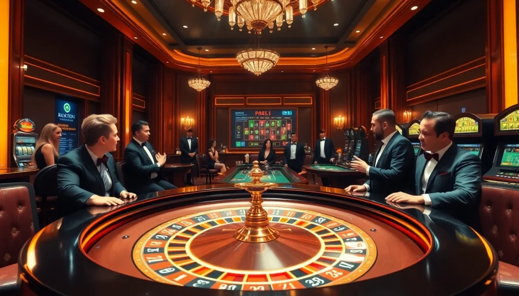 A lively casino environment showcasing KJ C with a luxurious roulette table, elegant gamblers, and vibrant betting elements.