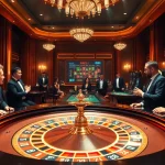 A lively casino environment showcasing KJ C with a luxurious roulette table, elegant gamblers, and vibrant betting elements.