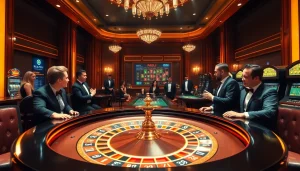 A lively casino environment showcasing KJ C with a luxurious roulette table, elegant gamblers, and vibrant betting elements.