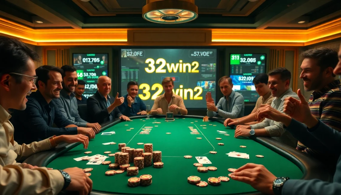 Engaged players at a lively poker table featuring 32win2 branding, showcasing excitement in gambling.