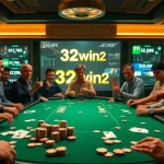 Engaged players at a lively poker table featuring 32win2 branding, showcasing excitement in gambling.