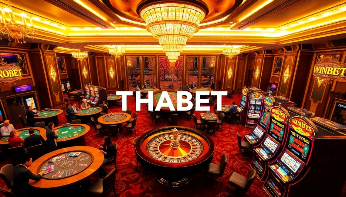 Experience the excitement at THABET with vibrant casino tables filled with players and engaging games.
