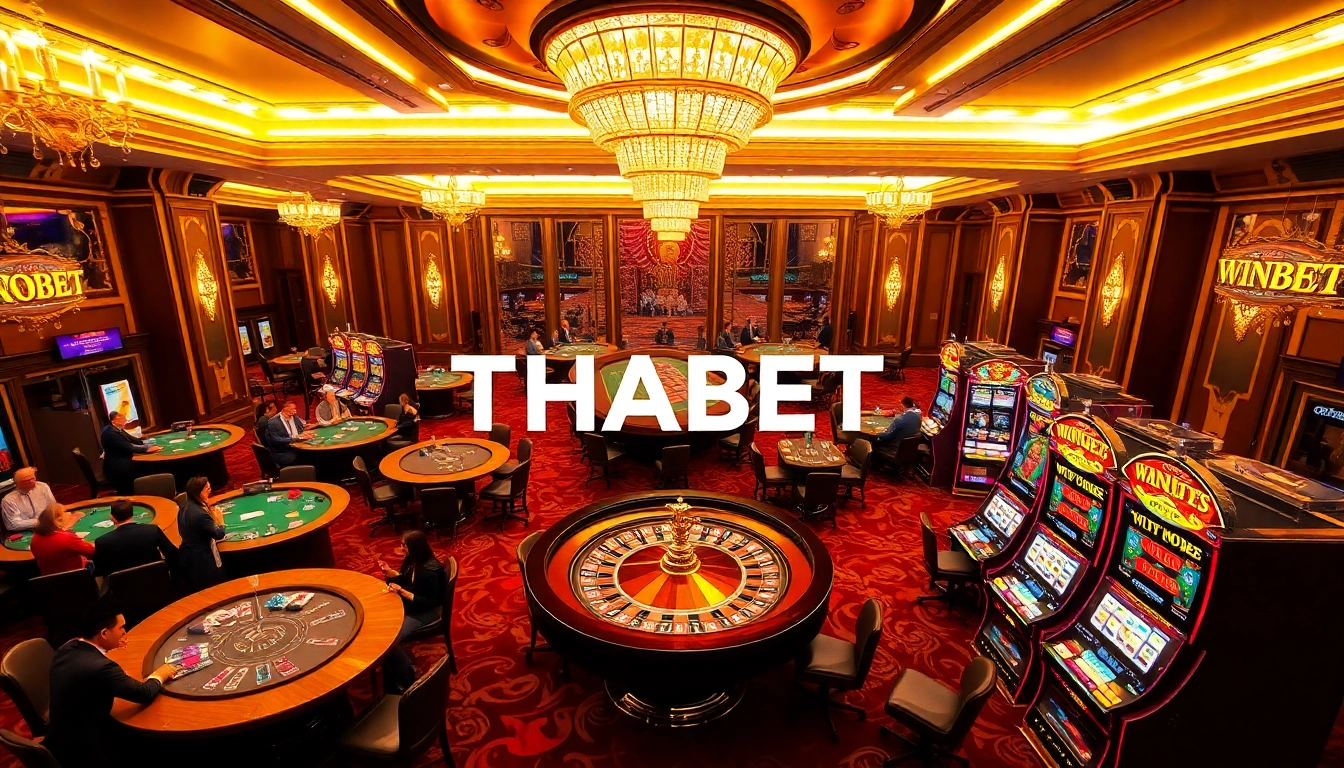 Experience the excitement at THABET with vibrant casino tables filled with players and engaging games.