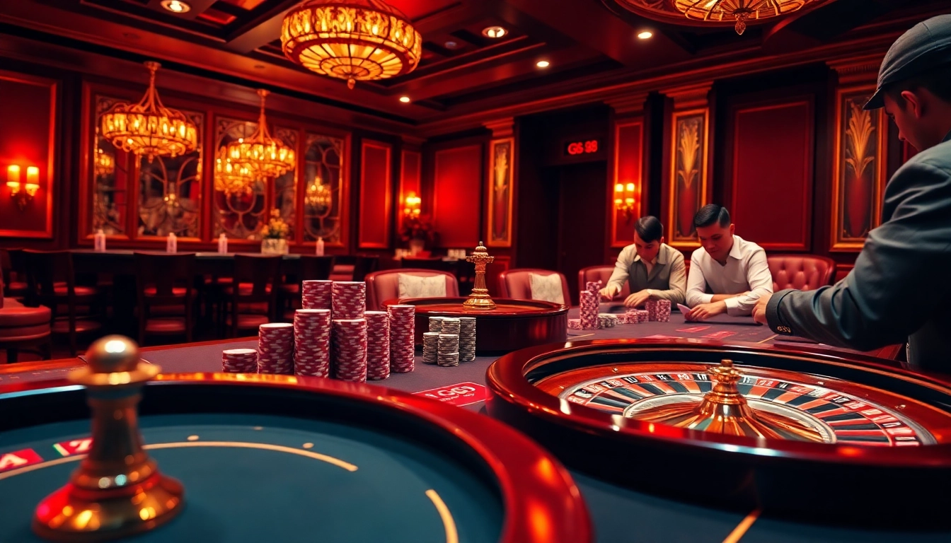 Experience excitement at GG 88 casino tables, featuring poker chips and roulette wheels.